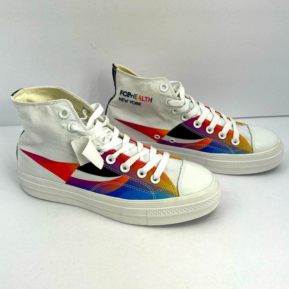 FCB HEALTH NEW YORK, MADE BY CONVERSE WHITE CANVAS RAINBOW COLORS, LADY’S 8
